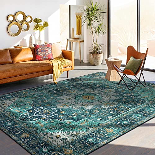 Moynesa Ultra-Thin Vintage Area Rug - 9x12 Large Living Room Rug, Non-Slip Stain Resistance Low Pile Bedroom Mat, Oriental Indoor Office Floor Carpet