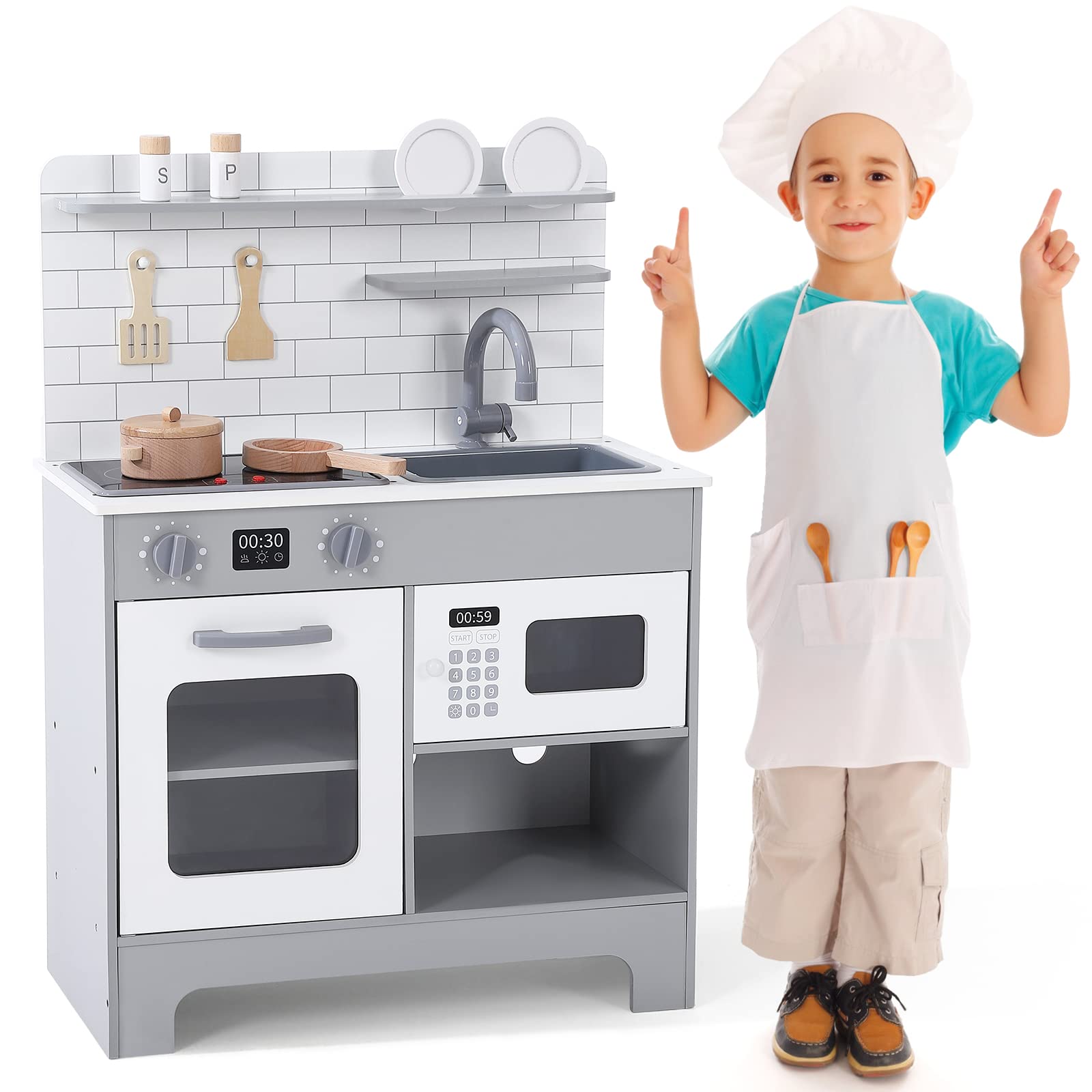 Garvee Kids Kitchen Playset, Wooden Chef Pretend Play Set with Cookware Accessories, Wooden Cookware Pretend with Microwave, Oven, Sink, Real Lights &