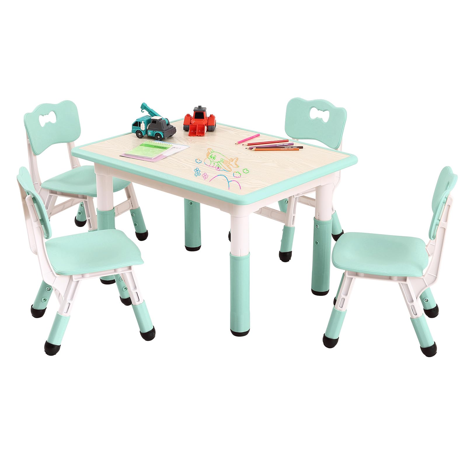 Garvee Kids Table and Chairs Set, Adjustable Height 4-Seat Desk for Ages 2-10, Arts & Crafts Study Table for Classrooms, Daycares & Homes, Light Blue