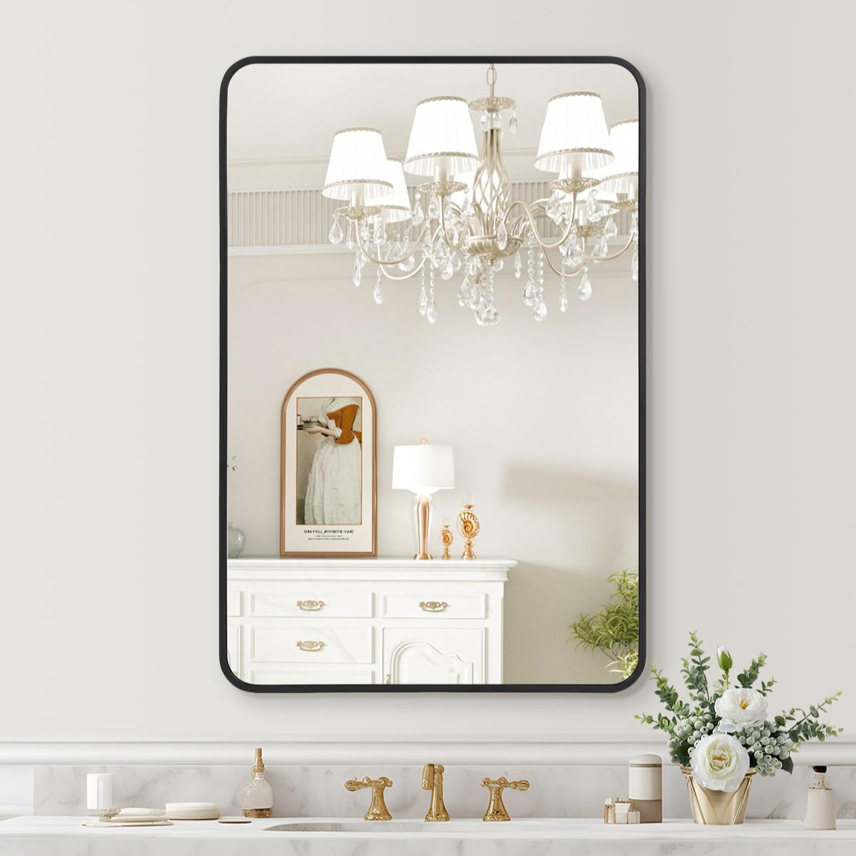 Garvee 2024 New Wall Mount Bathroom Mirror, 48x30 Inch, HD Eco-Friendly Matte Black Metal Frame, Rounded Corner, Hangs Horizontally or Vertically, Alu