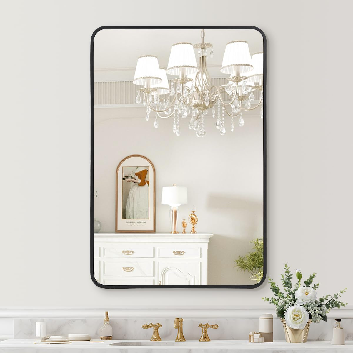 Garvee 2025 New Wall Mount Bathroom Mirror, 24 x 36 Inch HD Eco-Friendly Matte Black Metal Frame, Rounded Corner, Hangs Horizontally or Vertically, Ba