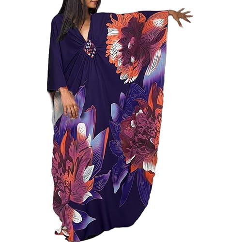LOUSEA Kaftan Dress for Women Large Flower Print Cover Up Dresses Vneck One-piece Bathingsuit Cover Ups Darkpurple5 One Size