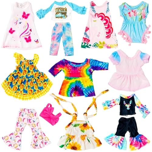 10Pcs Baby Doll Clothes & Accessories - Including Dresses, T-Shirts, Pants, Jumpsuit, Bell-Bottomed Pants for Kids Girls Gift 12 Inch Doll Random Styl