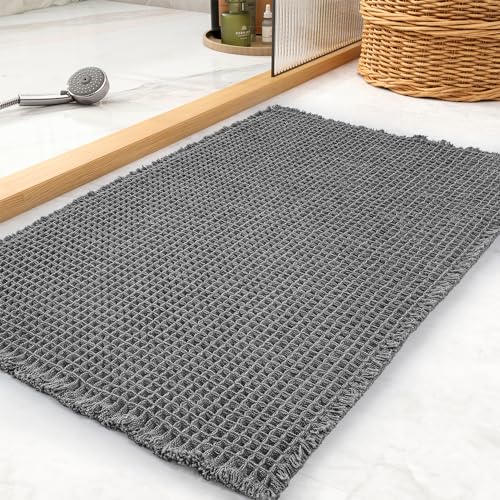 tchdio Waffle Bath Mat Rug, Super Absorbent Non Slip Bath Mats for Bathroom Mat Ultra Soft Bathmat Machine Washable Bathroom Rugs with Tassels, Bath R