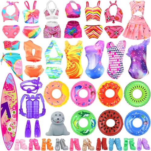Ecore Fun 15 Items Doll Bathing Suits Pool Accessories Set for 11.5 inch Girl Dolls - 5 pcs Swimsuits, 5 Shoes, 2 Pool Floaties, 1 Set of 3 Diving Sui