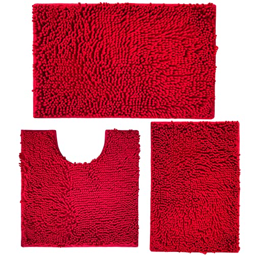Red Bathroom Rugs Non Slip Thick Bath Mat Sets 3 Piece, Thickened Bath Mats for Bathroom,Bath Rugs Quick Dry Machine Washable for Shower Mat-Rugs for
