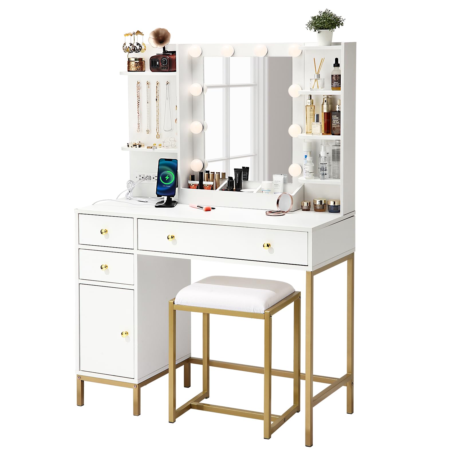Garvee Vanity Desk with Mirror, Makeup Vanity Table with Chair & Charging Station, Dressing Table with Drawers & Storage Shelves, Vanity Table Set for