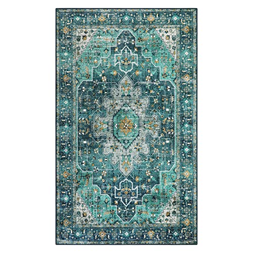 Moynesa Ultra-Thin Washable Vintage Area Rug - 3x5 Boho Entry Throw Rug Non-Slip Oriental Medallion Bedroom Mat Non-Shedding Indoor Floor Carpet for L
