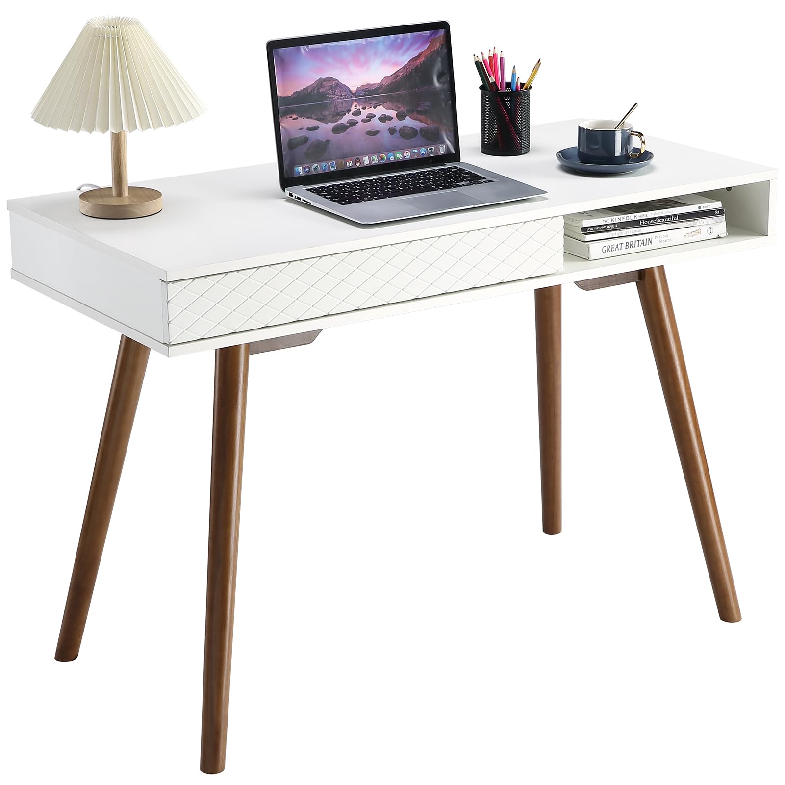 Garvee Modern Home Office Desk, Mid Century Modern Writing Desk with Drawer, Solid Wood Legs, Open Storage, White+walnut