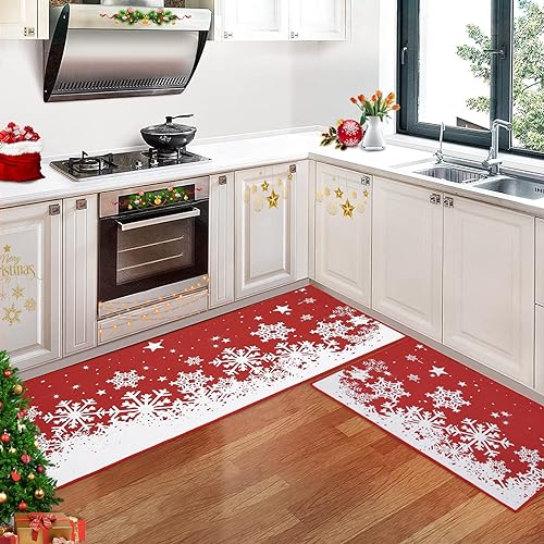 Garvee Christmas Kitchen Rug Sets Xmas Holiday Christmas Snowflake Kitchen Mat Sets 2 Pieces Non-Slip Doormat Area Runner Rug Set Floor Mat for Home D