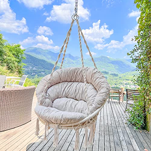 Hammock Chair with Cushion, Handmade Macrame Swing Chair with Hanging Hardware Kits, Bohemian Style Cotton Rope Hanging Chair for Bedroom Indoor Outdo