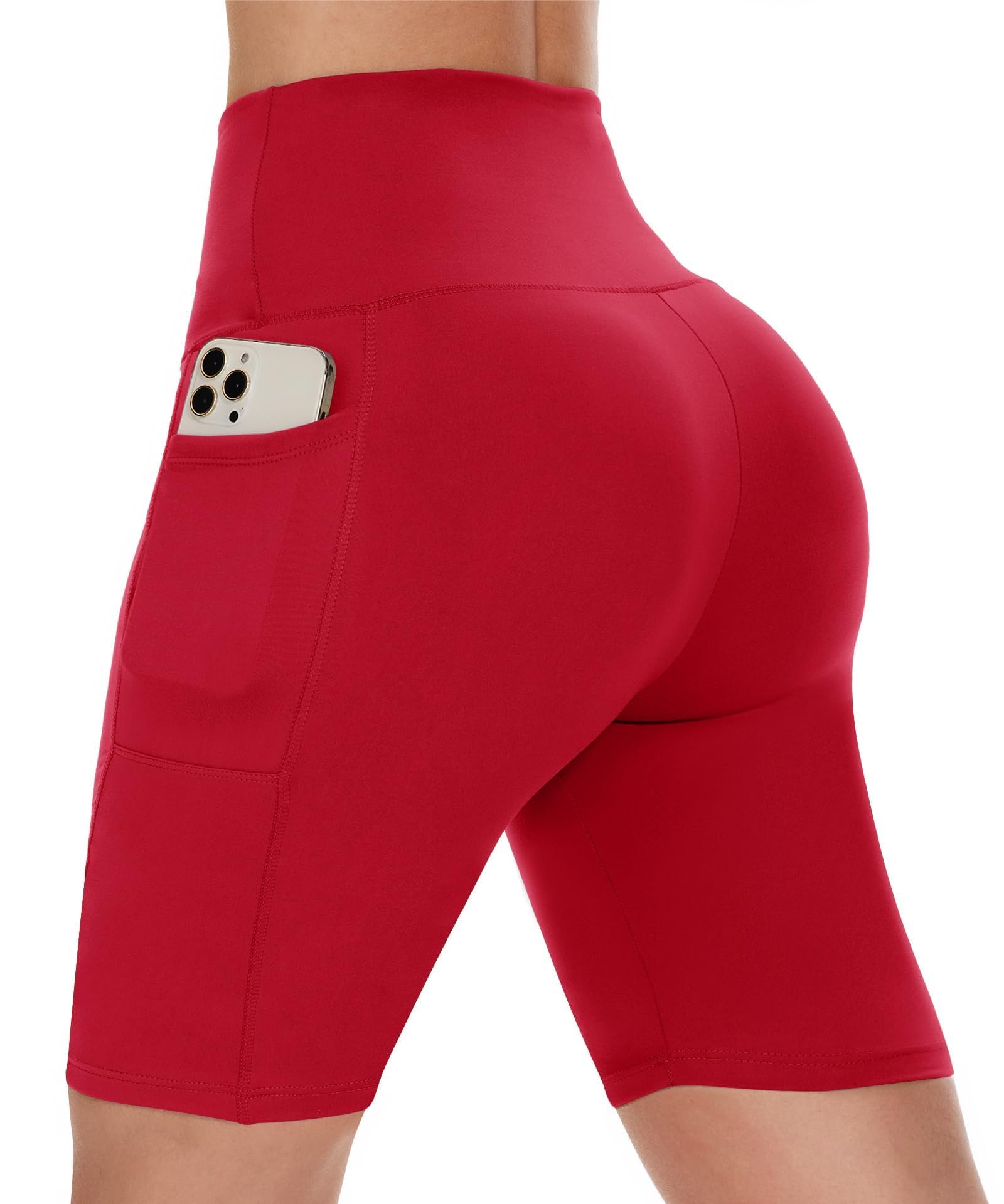 CAMPSNAIL Biker Shorts Women with Pockets - 3"-5"-8" High Waisted Workout Spandex Tummy Control Gym Running Yoga Shorts 8 IN Large-X-Large Red