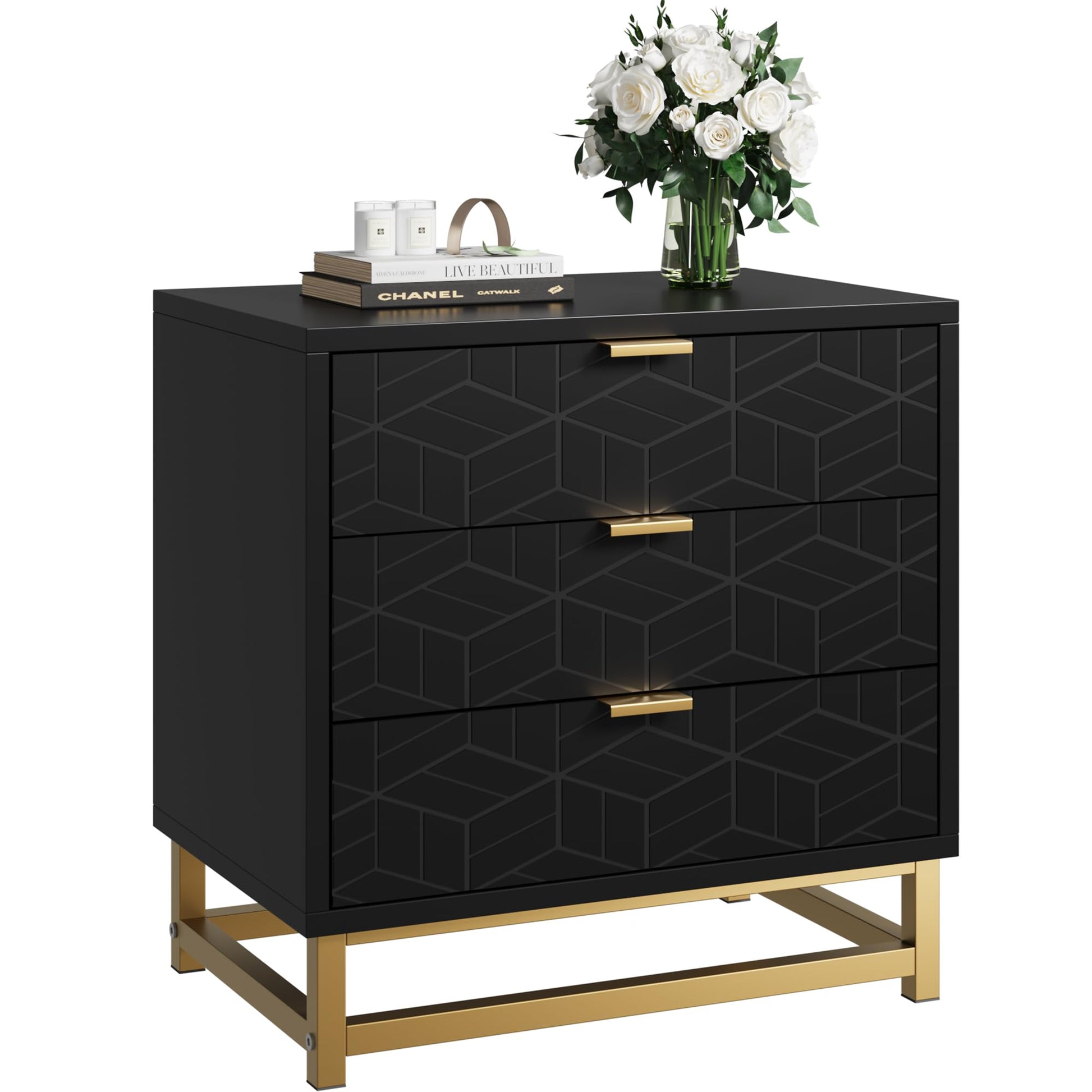 Garvee Black 3 Drawer Dresser, Large Dresser for Bedroom, Wood Dresser with 3 Large Drawers, Modern Dressers with Gold Metal Handles for Living Room, 