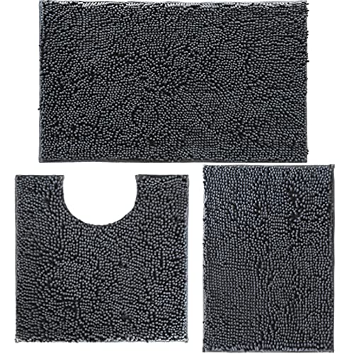 Bathroom Rugs Set Non Slip 3 Piece Bath Mat Washable Chenille Bath Rugs with PVC Backing Bath Carpet,Absorbent Bathroom Mats with Toilet Rug,Bath Mats