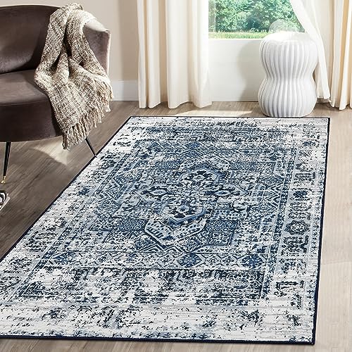 Lahome Boho Machine Washable Area Rug 3x5, Blue Bohemian Vintage Ultra Soft Small 3x5 Rug, Low-Pile Non-Shedding Carpet for Bedroom Bathroom Kitchen N