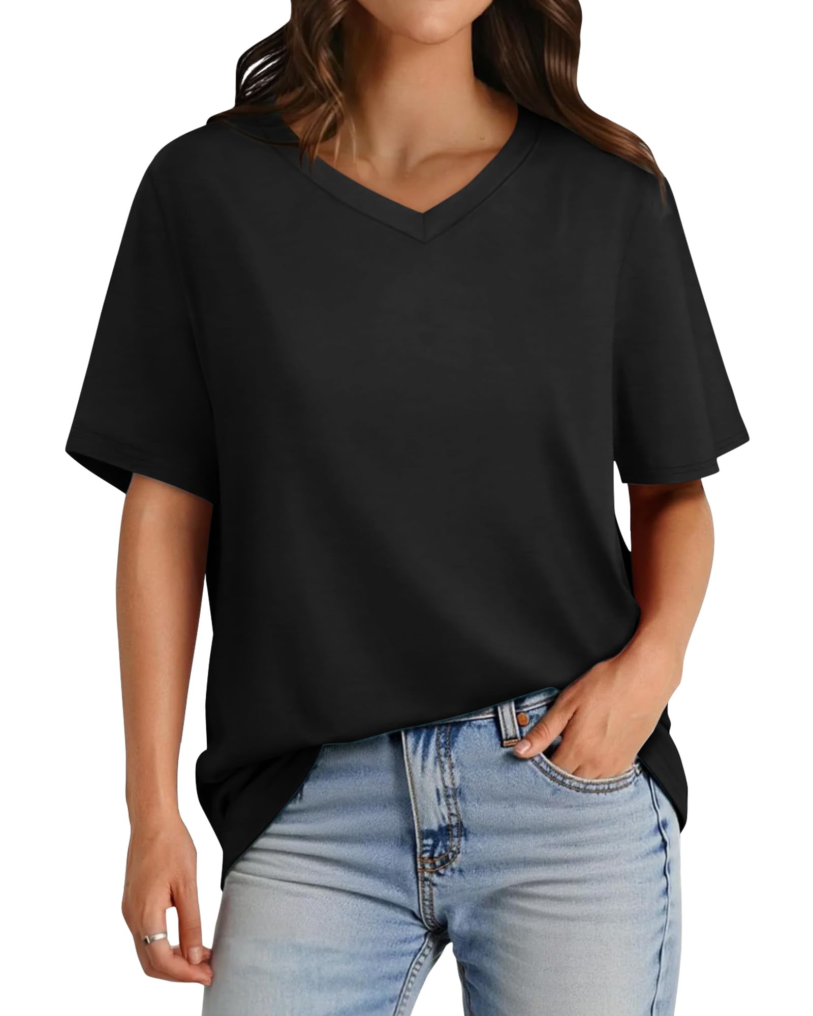 GAYHAY Womens V Neck T Shirts Oversized Loose Fit Short Sleeve Tops Casual Summer Vacation 2025 1-black Medium