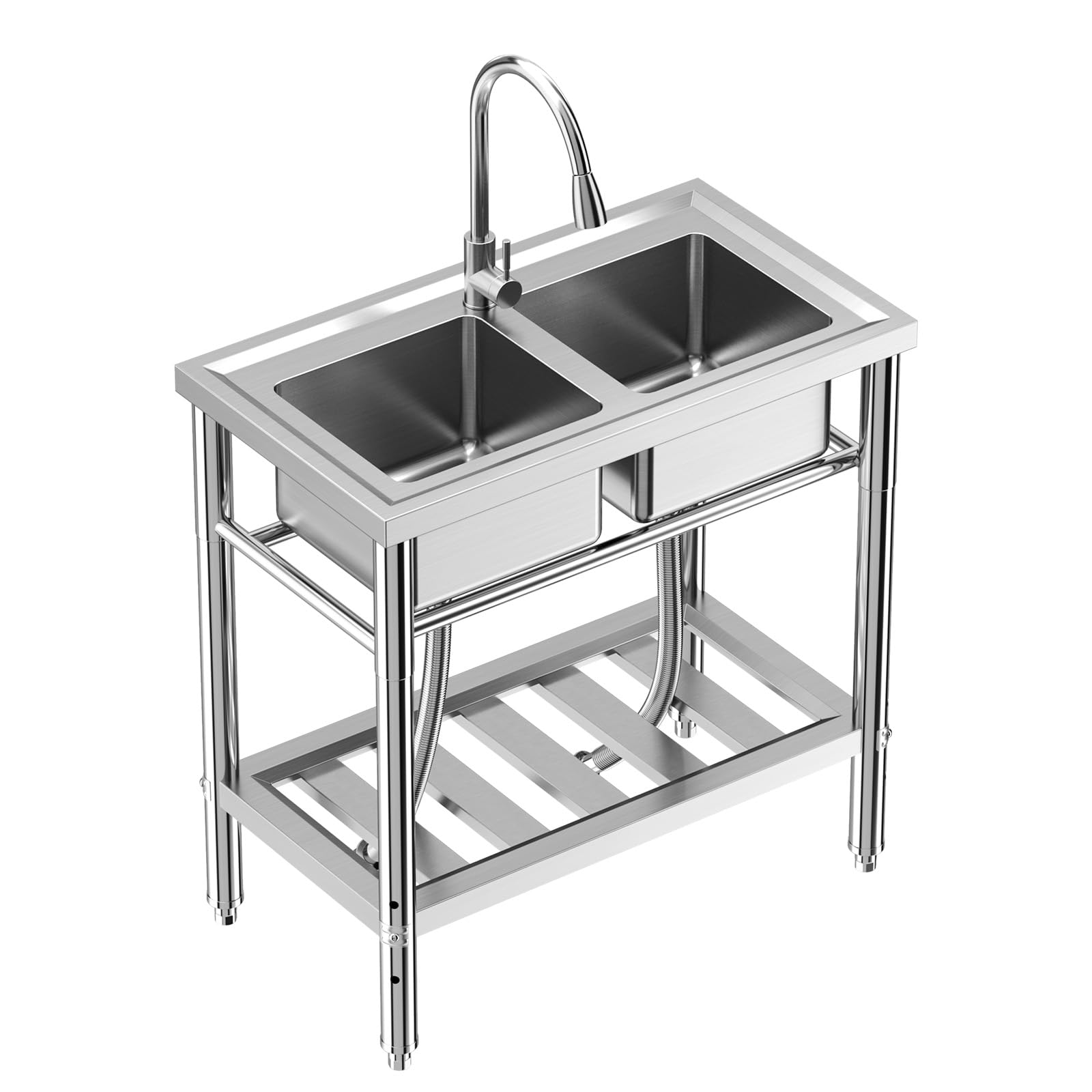 GARVEE 33"W x 18"D x 30"H Stainless Steel Freestanding Double Bowl Sink - Utility Laundry Sink with Hot & Cold Hoses for Outdoor Camping, Garage, Rest