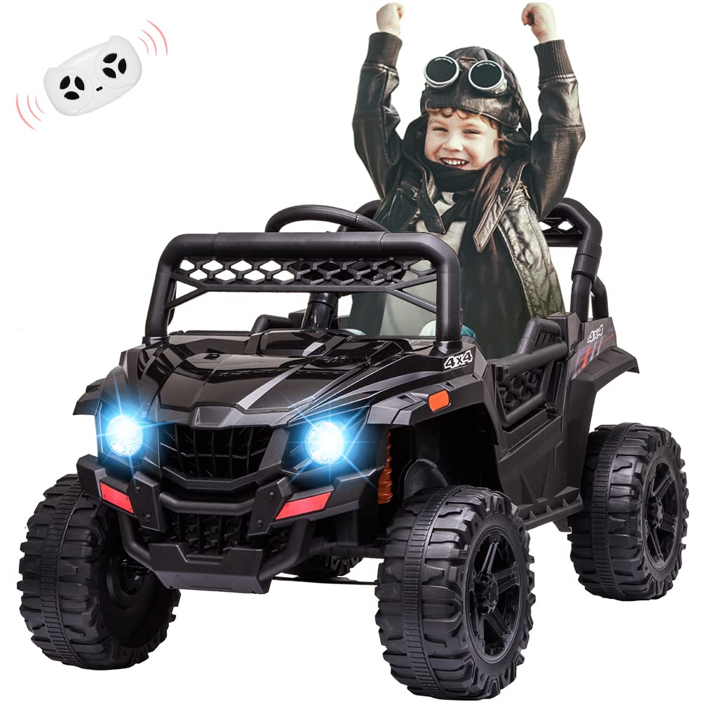 Garvee 12V Kids Car: Ride-On Truck, Remote, Suspension, LED, 1.8-3.7 MPH, MP3, Engine Sound, ASTM Certified, for 3-7 Years - Black