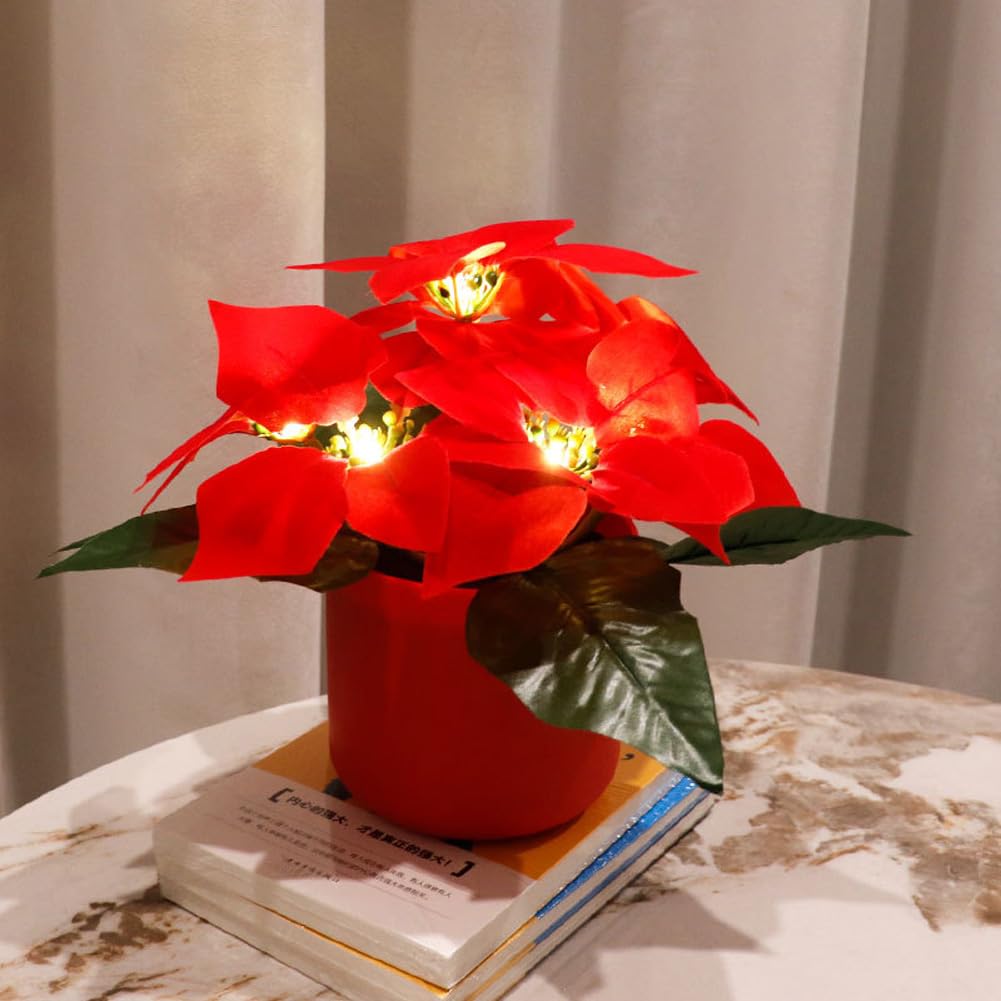 Garvee Led Table Light Artificial Poinsettia Plant Night Light with Vase Battery Powered Table Lamp Flower Arrangement for Home Birthday Holiday Party