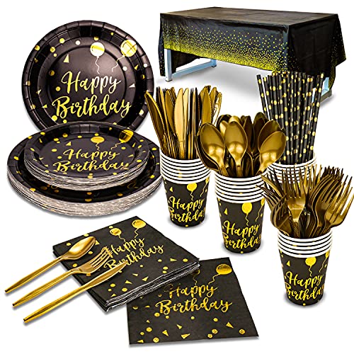201 Pieces Gold Disposable Party Dinnerware Set &Golden Dot Birthday Black Paper Plates Napkins Cups, Gold Plastic Forks Knives Spoons (25 Guests) Bla