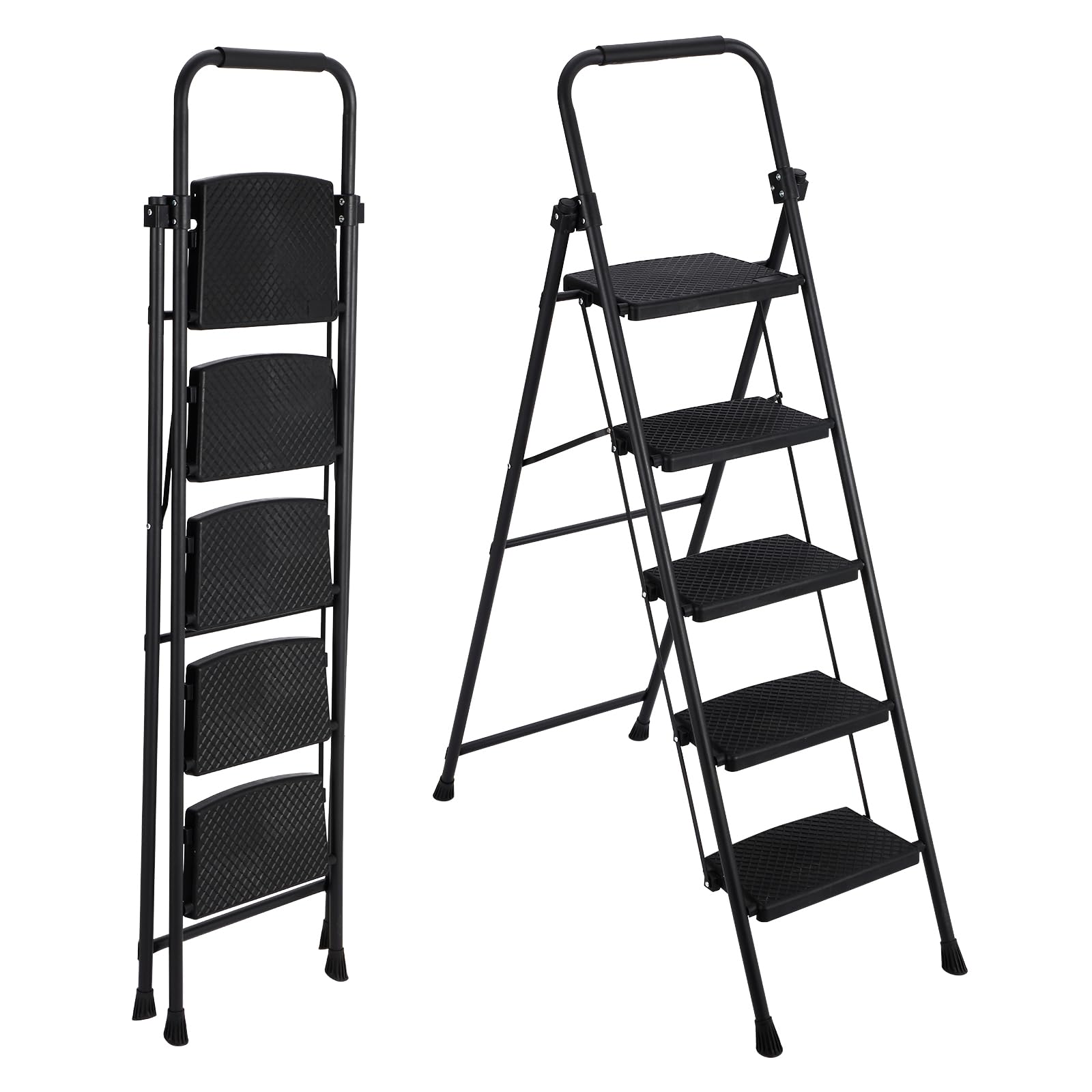 Garvee 5 Step Ladder, Steel Folding Step Ladder, Portable Ladder with Anti-Slip Wide Pedals, Safe-Lock Design, Handrail, Durable Construction for Mult