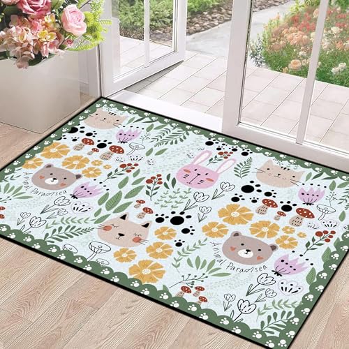 Animal Area Rug for Porch Hallway Entryway Bedroom Dorm Cartoon Cat Throw Rug Non Slip Green Boho Floral Carpet Home Decor, 2' x 3'(60 x 90cm) Animal