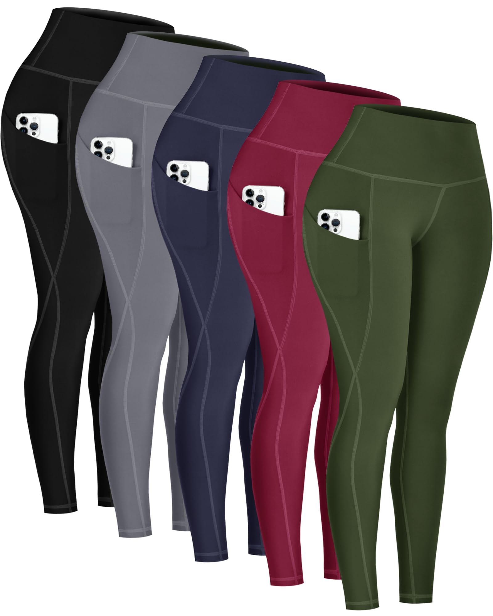 5 Pack Leggings with Pockets for Women - High Waisted Tummy Control Workout Gym Yoga Pants 5 Pack, Black-Army Green-Grey-Navy-Wine XX-Large