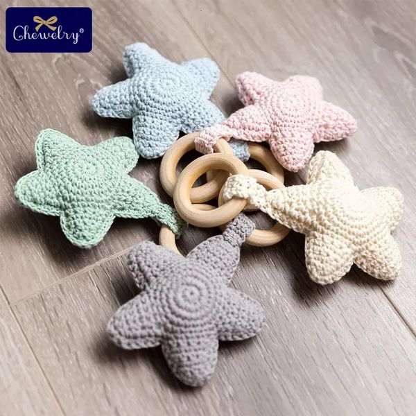 Baby Rattle Star Wood Teether Baby Teething Ring Chewie Teether Crochet Knitted Star Pendant Toy Gift Play Gym Montessori Toys 250103