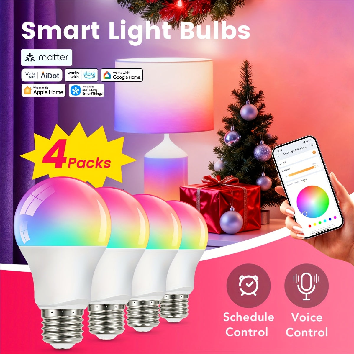 TEMU Syvio 6-4 Pack Smart Light Bulbs, A19 Rgb Color Changing Wifi Bulbs, Compatible - Works With Home-alexa-google Home, 800lm, Rgtbw Color Changing