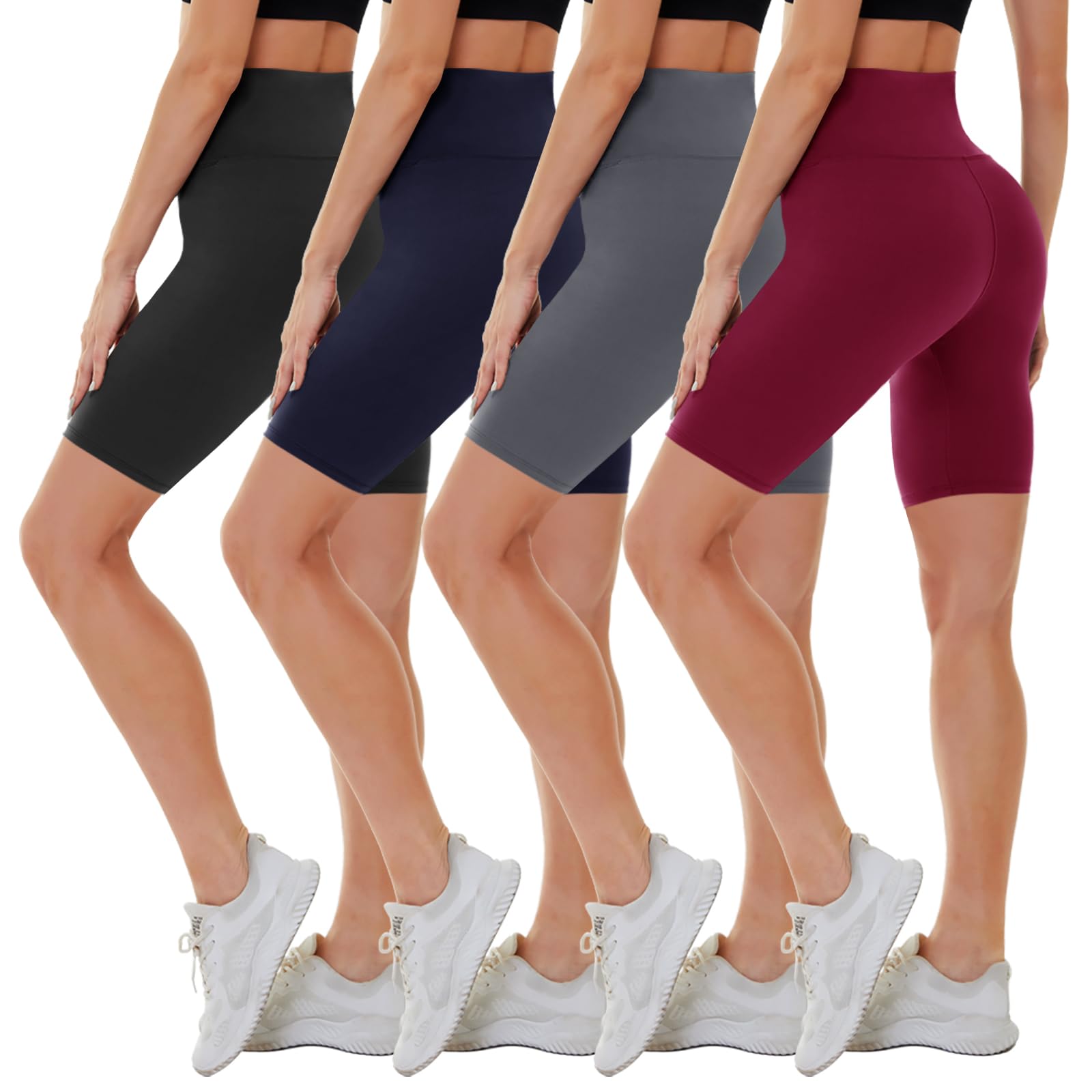 CAMPSNAI 4 Pack Biker Shorts for Women High Waist - 5"-8" Tummy Control Soft Athletic Yoga Workout Running Gym Shorts