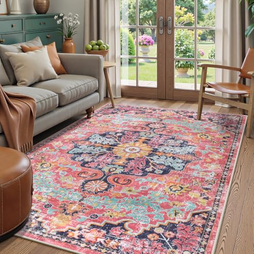 Lahome 5x7 Boho Living Room Rug Colorful Bedroom Rug, Large Bohemian Nursery Rugs, Hot Pink Non-Slip Machine Washable Soft Playroom Mat Indoor Floor A