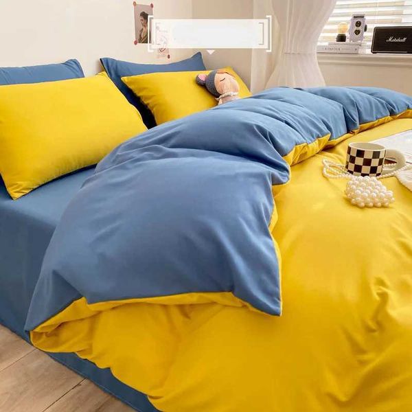Luxury Washed Cotton Solid Bedding Set 3-4 Pcs Yellow Home King Size Duvet Cover Set with Flat Sheets Simple Queen Bedding SetsC250122