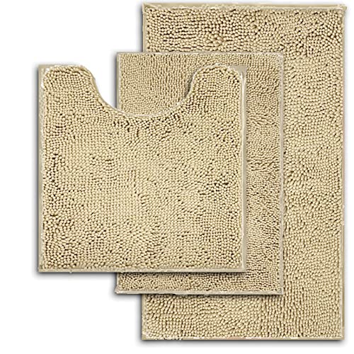 Beige Bathroom Rugs Ultra Soft Rugs and Mats Set 3 Pieces Bath Rug Set Thick Chenille Bath Rugs Non Slip Bath Mats for Bedroom