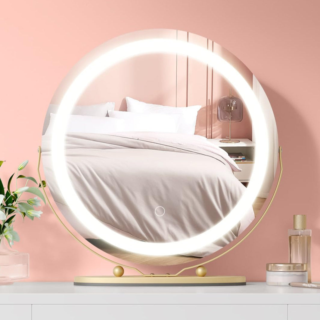Garvee 19 Inch Vanity Mirror with LED Lights, HD Makeup Mirror, 360°Rotation, Bedroom Tabletop, Easy Install (White) - Gold