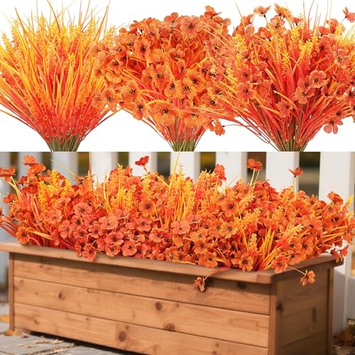 Der Rose 24 Bundles Fall Mums Artificial Flowers for Outdoor Fake Flowers Plants UV Resistant for Home Garden Porch Window Wedding Decor（Orange） 2