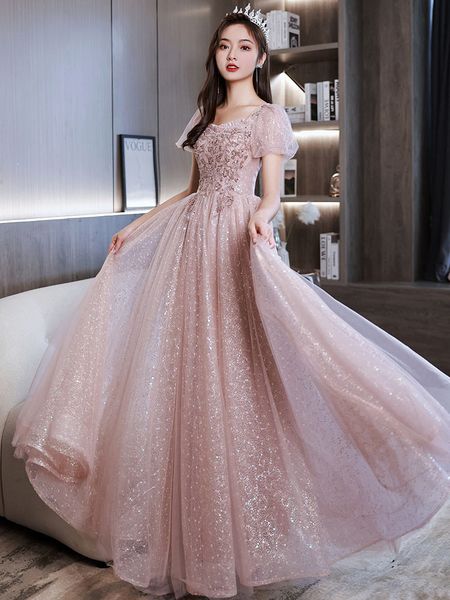 pink Glitter Mermaid Evening Dresses see though neck Sequins Beaded Long tassels Sleeve Sweep Train Formal Party Gowns Ruched Long Prom Dres