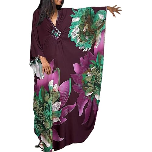 LOUSEA Kaftan Dress for Women Large Flower Print Cover Up Dresses Vneck One-piece Bathingsuit Cover Ups Darkbrown3 One Size