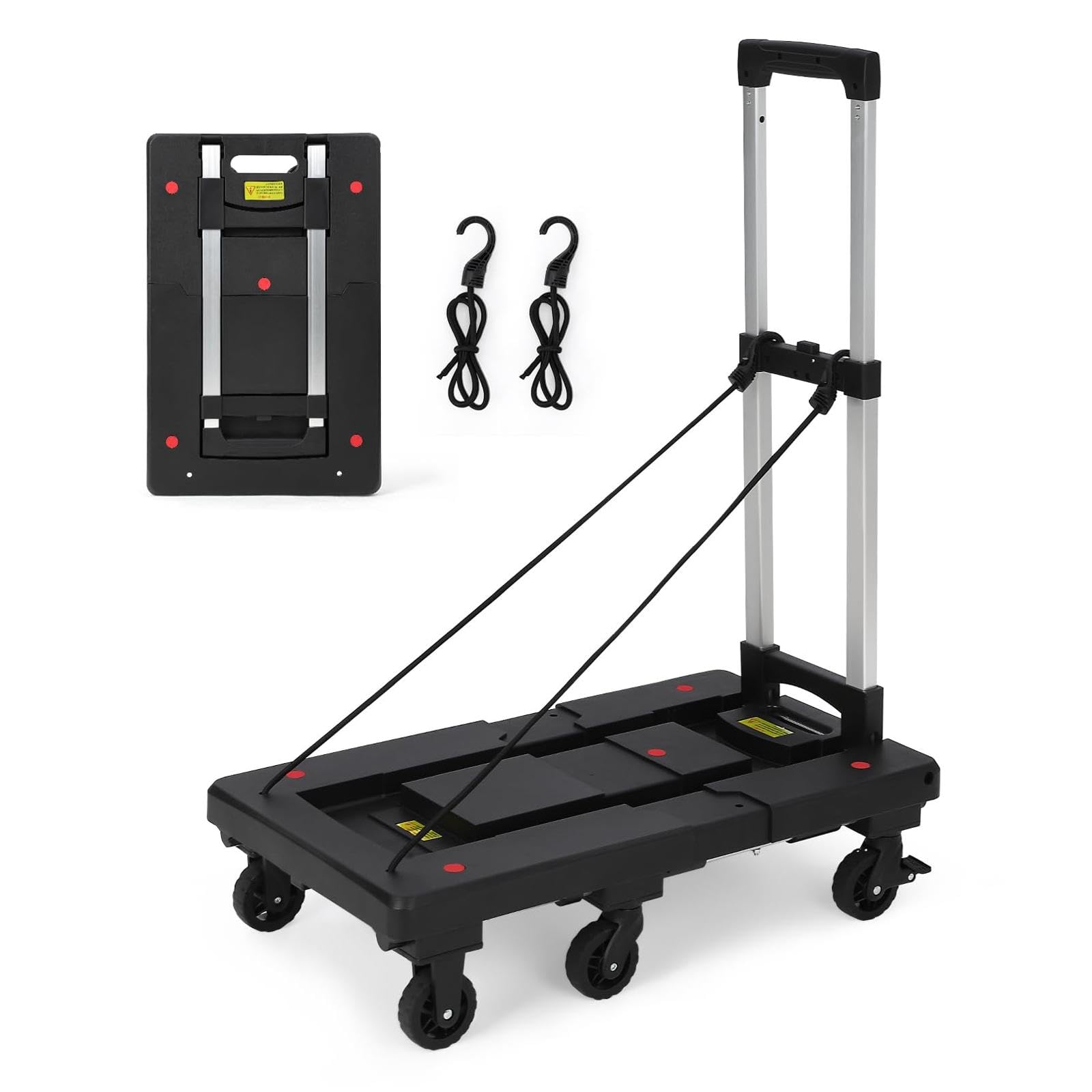 Garvee Folding Hand Truck 500 Lb Capacity Collapsible Dolly Cart with 6 Wheels & 2 Elastic Ropes PP Base Adjustable Handle for Moving, Travel, Shoppin