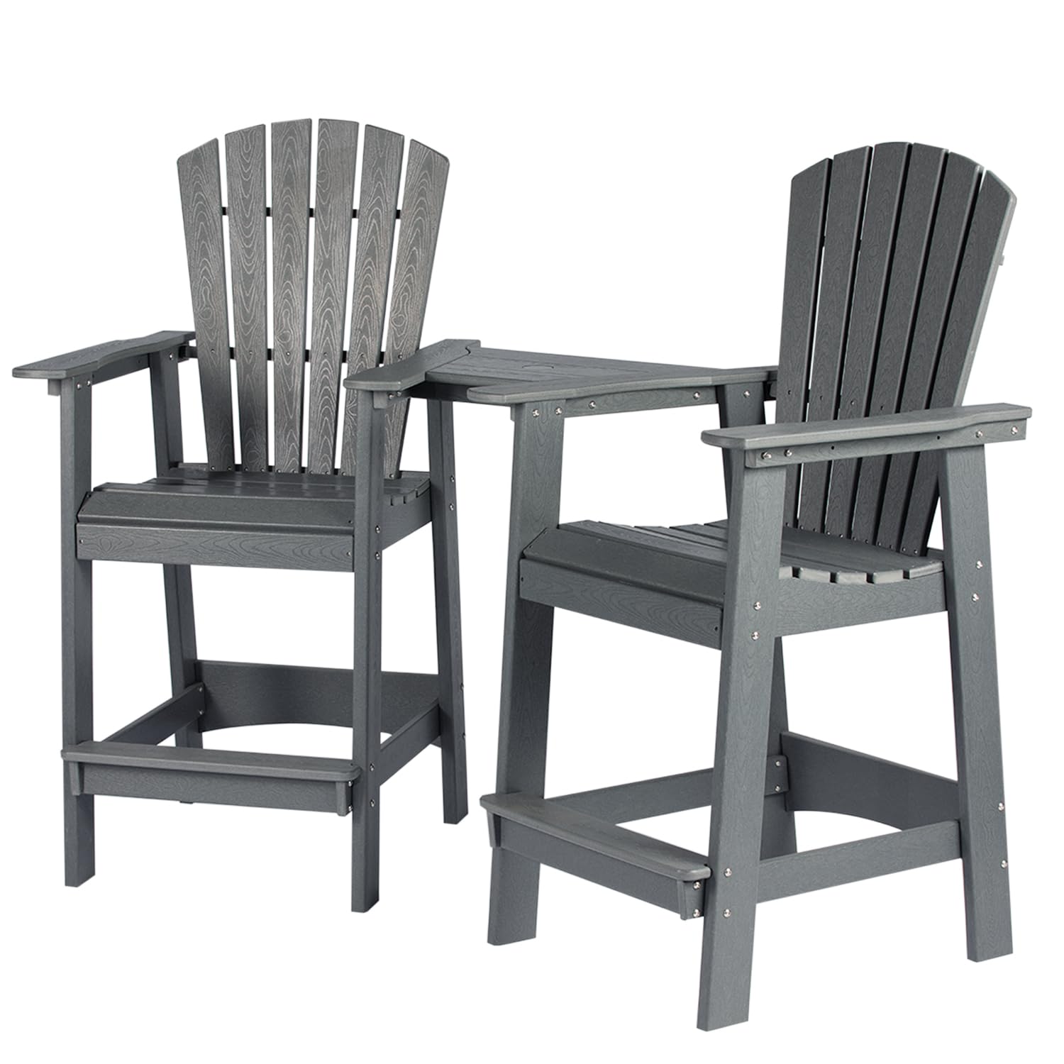 Garvee Tall Adirondack Chairs Set of 2, HDPE Embossed Balcony Chair with Connecting Tray & Umbrella Hole, Patio Barstools with Wood Grain for Outdoor 