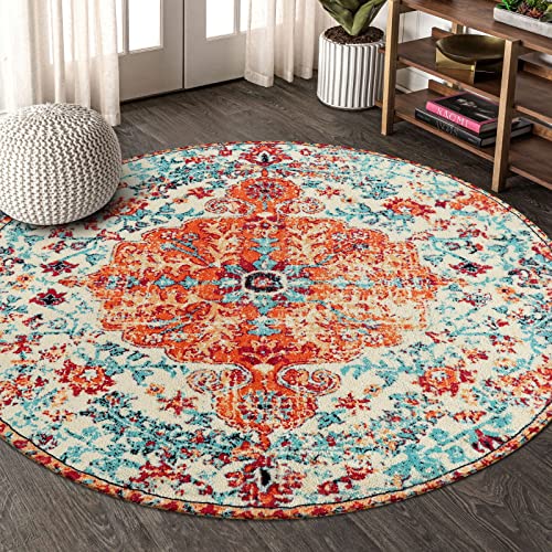 Lahome Bohemian Floral Medallion Round Rug - 4Ft Soft Bedroom Area Rug Oriental Distressed Washable Entryway Foyer Throw Mat Non-Slip Door Carpet for