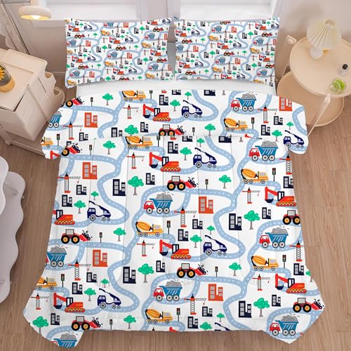 Cars Comforter Set Queen: Cartoon Truck Bedding for Boys Kids Teen Men Bedroom Construction White Dorm Quilt 1 Comforter + 2 Pillow Cases Lb10-01 Quee