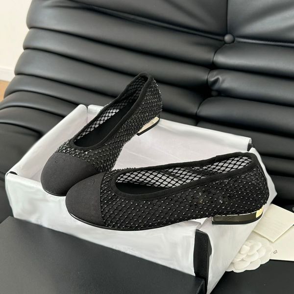 Women Ballet Shoe Slip On Mary Jane Shoe Chunky Low Heels Loafers Ladies Dress Shoe Designer Mesh Diamond Strass Outdoor Leisure Shoe With D