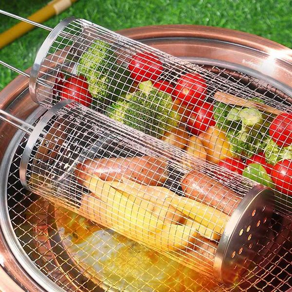 Stainless steel barbecue cage barbecue basket camping kitchen utensils outdoor portable circular barbecue bonfire grid rolling barbecue bask
