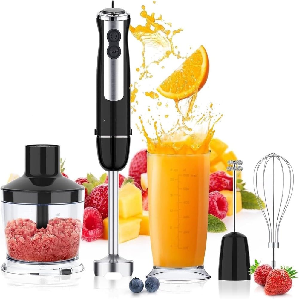 Garvee Handheld Blender, Immersion Electric Mixer, 5-in-1 Hand Blender, 800W Powerful Copper Motor, 12 Speed Turbo Mode, 20oz Beaker, 17oz Food Choppe