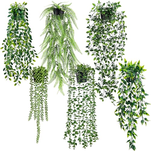 Der Rose 6Pcs Fake Plants Artificial Hanging Vines Faux Potted Hanging Plants Indoor for Bathroom Wall Shelf Outdoor Decor