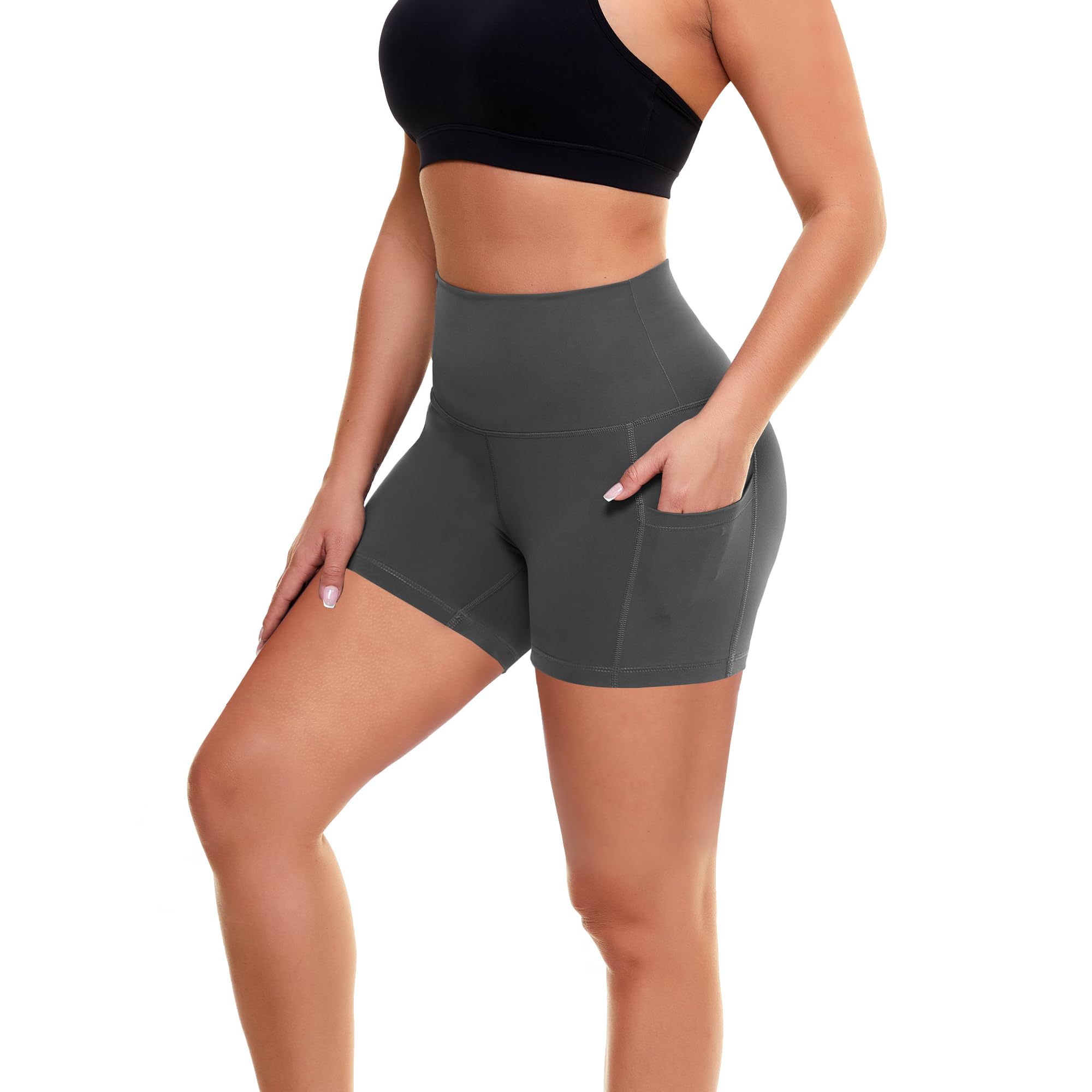 GAYHAY Biker Shorts for Women with Pockets - 8"-5"-3" Booty High Waisted Black Spandex Volleyball Short for Workout Yoga 5 IN X-Small Dark Grey