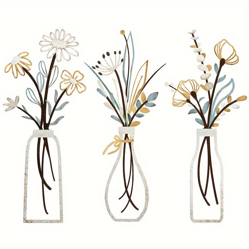 TEMU [2d Flat] 3pcs 2d Printed Acrylic Flower Wall Art - Rustic Farmhouse Decor With Beige And Golden Accents, Vase Included - Minimalist For Living