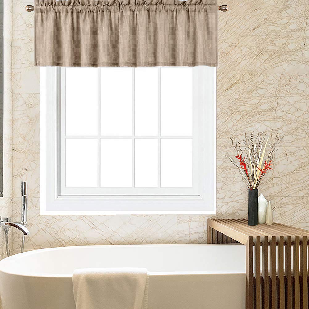 Garvee Valances for Kitchen, Waffle Woven Half Window Valance Curtains for Bathroom Windows Short Cafe Curtains, Plaza Taupe, 60x15 Inch