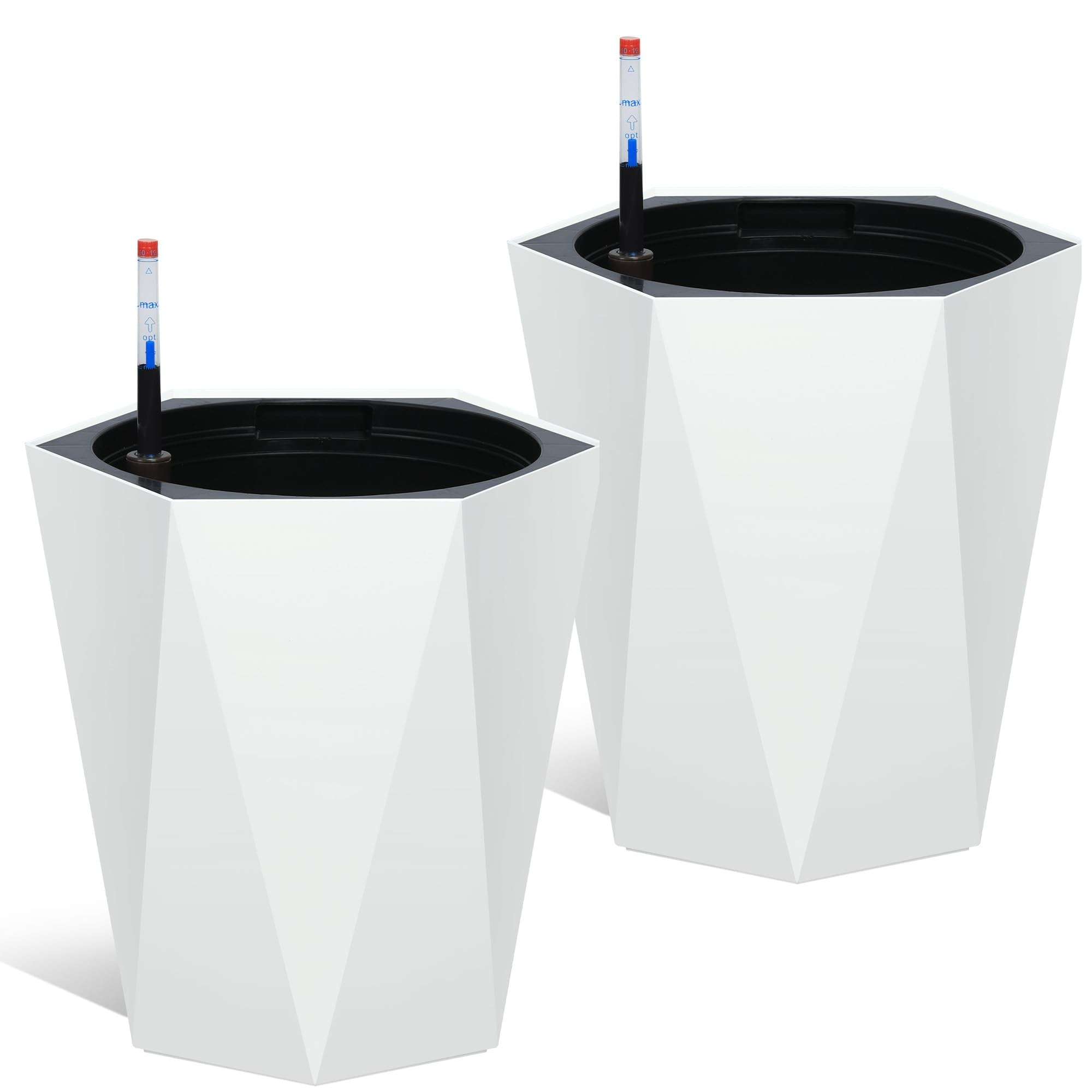 Garvee 16 Inch Tall Diamond Planters Set of 2, Self Watering Planters with Water Level Monitor and Wheels, Flower Pots Outdoor and Indoor for Patio, P