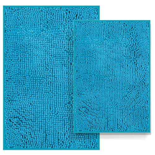 Teal Blue Bathroom Rugs Set 2 Piece Bathroom Set Bath Rugs Washable Bath Mats for Bathrooms, Thick Soft Chenille Bathtub Mat, Ultra Absorbent Bath Car